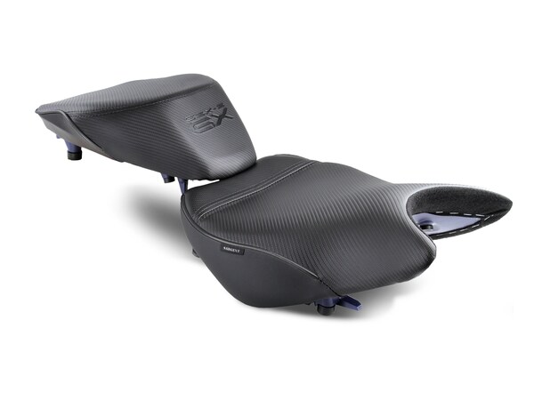 Suzuki GSX-S 1000GX Motorcycle Seats by Sargent with CFX, Black Welt, and the GX Logo on the black motorcycle.
